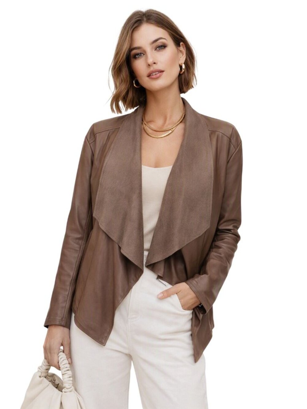 Daytrip Womens Chocolate Brown Faux Leather Waterfall Open Front Jacket Size L